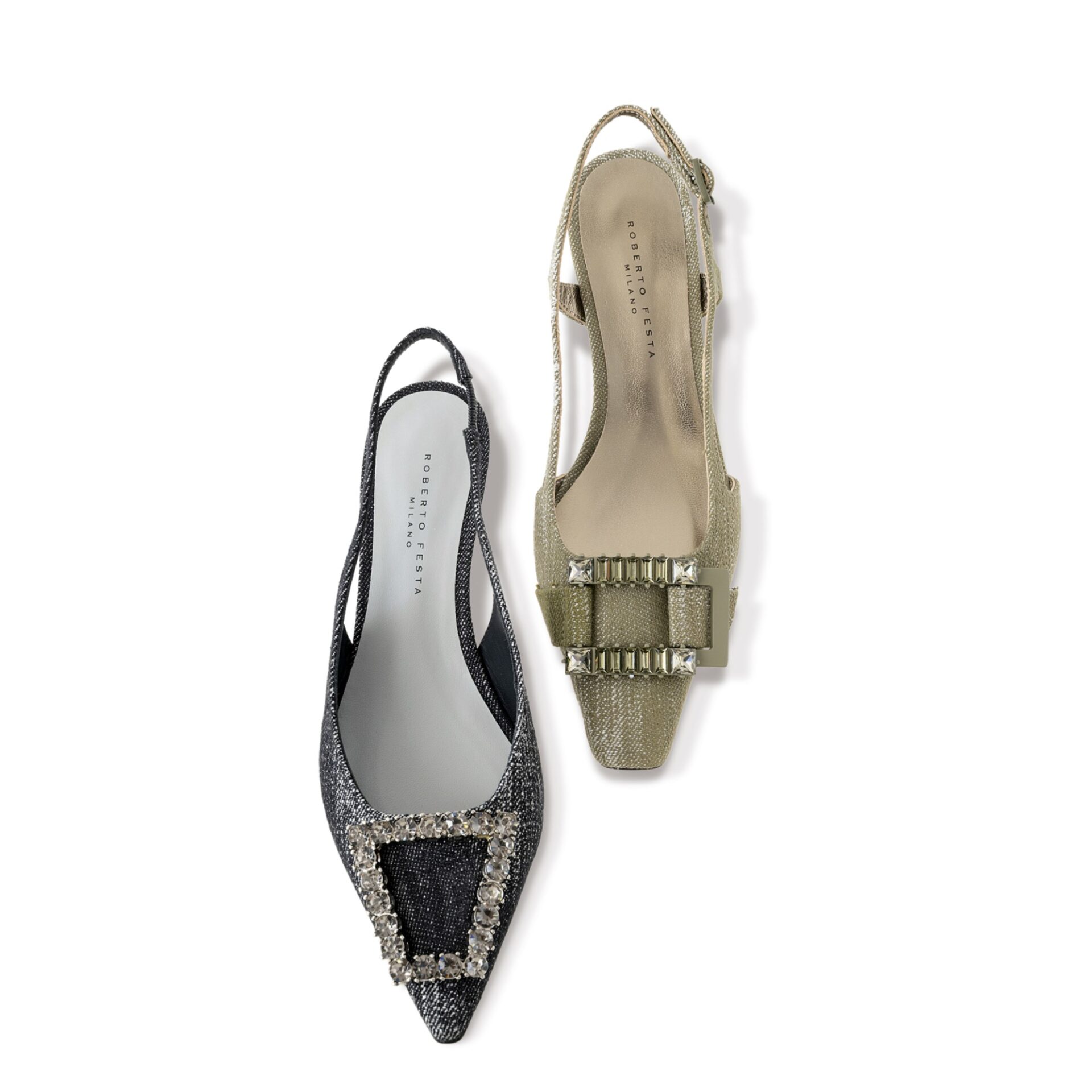 UP TO DATE Modern interpretierte Slingbacks von Roberto Festa in Jeansschwarz und Verde – für 290 € erhältlich bei NIOVA SCHUHE