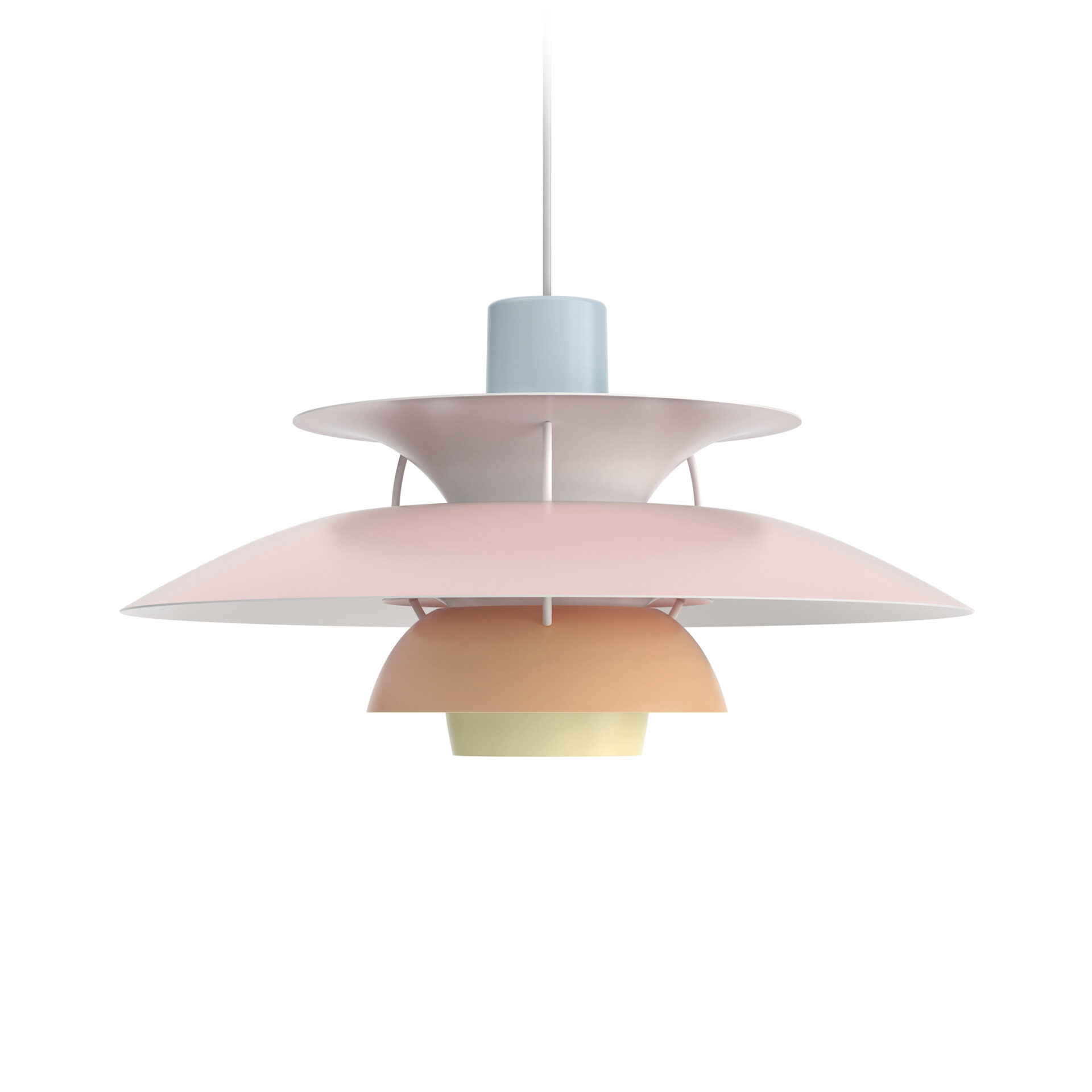 BLENDFREIE BELEUCHTUNG Louis Poulsens PH 5 Pendelleuchte in den Farben Auster, Blau und Rosa mit Dreischirmsystem von Designer Poul Henningsen. SMOW KÖLN